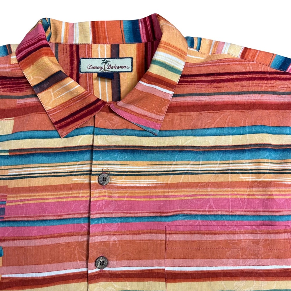 VTG Tommy Bahama 100% Silk Hawaiian Shirt Striped Floral Short Sleeve Sz-L Camp
